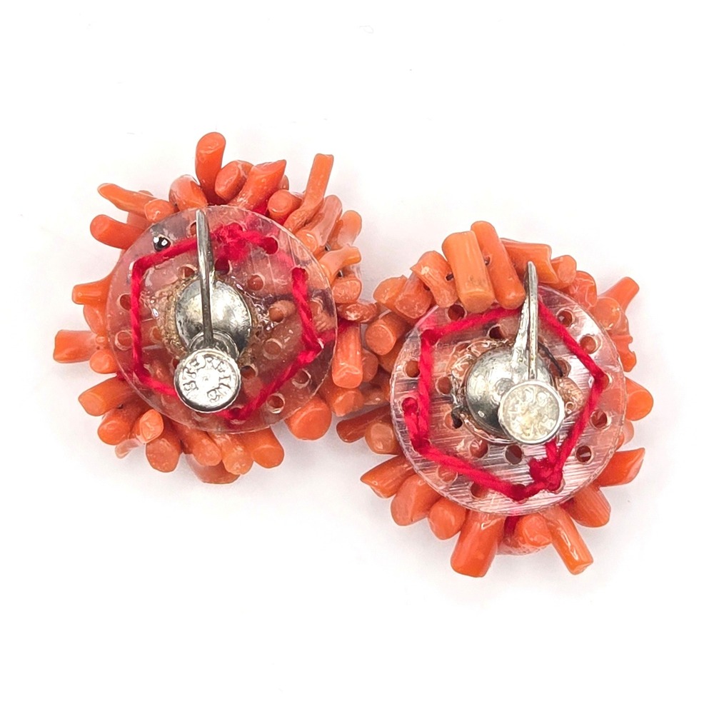 Vintage 50s Natural Red Coral Branch Cluster Sterling Silver Screw Back Earrings - Picture 5 of 7